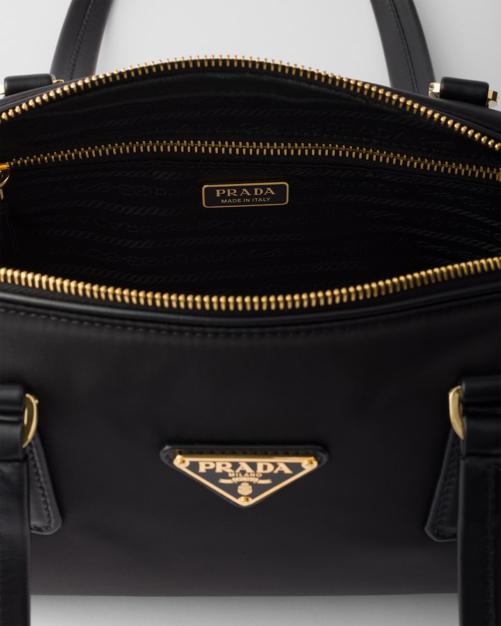 Re-Nylon and Leather Medium Top-Handle Bag With Padlock - Image 4